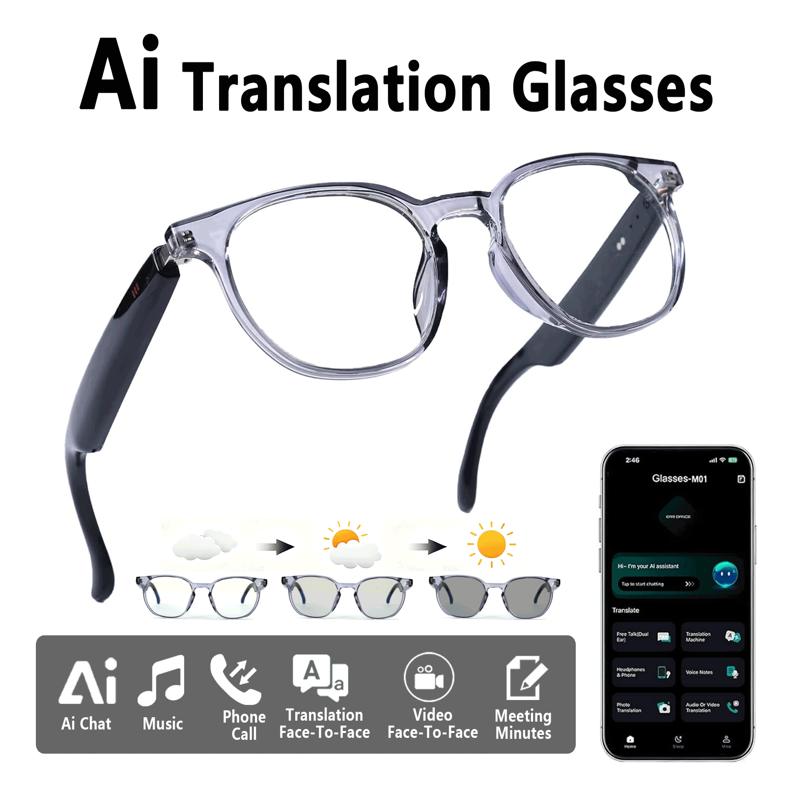 スマートオーディオグラス、アプリ経由リアルタイム翻訳、調光レ - Audio Music Apps のレビューと価格